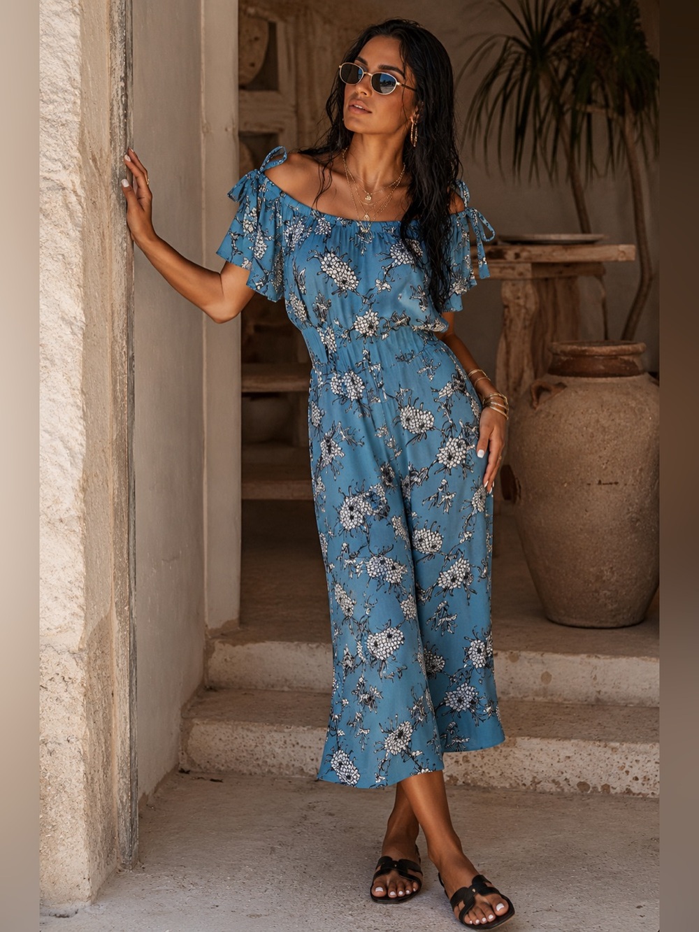 SUPERFOXX Jumpsuit Womens Extra Small Blue Floral Off The Shoulder Cropped